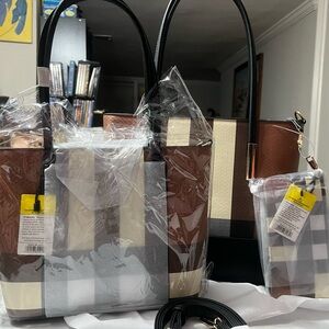 Classic Fashion Elegant Brown&Cream 3 in 1 Tote Bag Set w/crossbody strap
